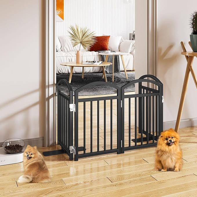 Snughome Short Dog Gate Indoor, 19.69" H Freestanding Small Dog Door Gates with Support Feet, Expands Up to 48" Wide Foldable Pet Gates for Doorway, 4 Panel Folding Pet Door Pet Fence for Puppy, Black