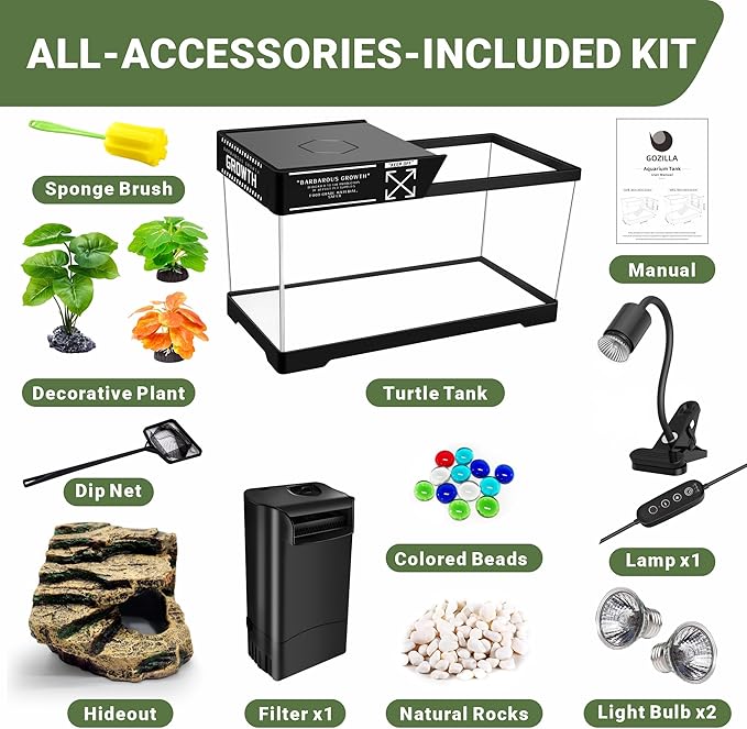 GOZILLA Turtle Tank Kit(Tank+Lamp+Filter), Upgrade PC Turtle Tank Starter Kit with Adjustable Lamp & Filter, Reptile Hideout Habitat with Lid for Small Reptiles.(19.68× 9.52× 9.44''/Large-Black-Kit)