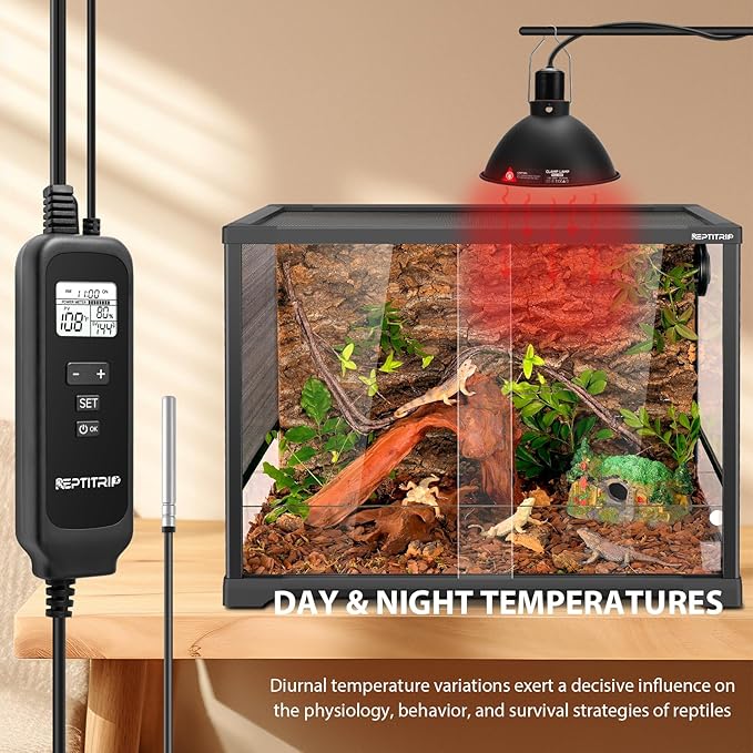 8.5" Reptile Heat Lamp Fixture with PID Dimming Thermostat, Independent Day Night Temperature Control, MAX 150W (Bulb Not Included)