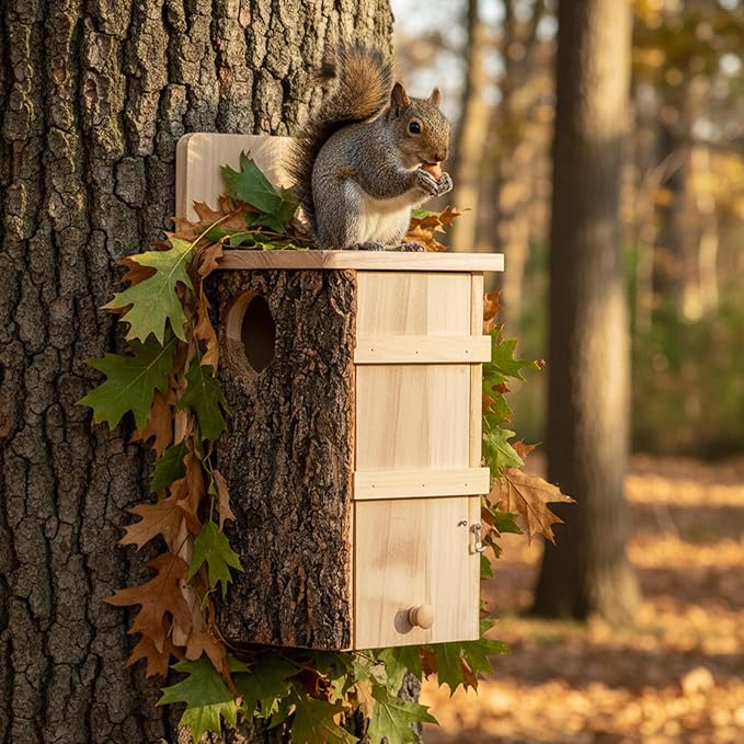 Wonderjune 1 Pcs Large Squirrel Nesting Box Squirrel House for Outside Nesting Hanging Handcraft Thick Wood Winter Chipmunk Outdoor Shelter Garden Yard Support Local Wildlife Easy Install