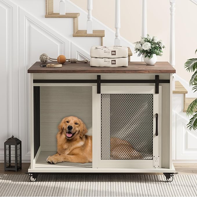 GarveeLife 37" Dog Crate Furniture, Side End Table, Farmhouse Dog Crate with Sliding Barn Door, Flip Top Wooden Dog Kennel with Wheels and Movable Divider, Indoor Dog Cage House for Medium Dogs