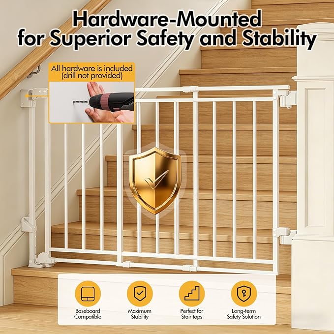 Extra Wide Baby Gate for Stairs Doorways & Kitchen, 32"-54" W x 29" H, No Bottom Bar Dog Gate, One-Handed Auto-Close, Hardware Mount Safety Gate for Dogs & Toddlers, White