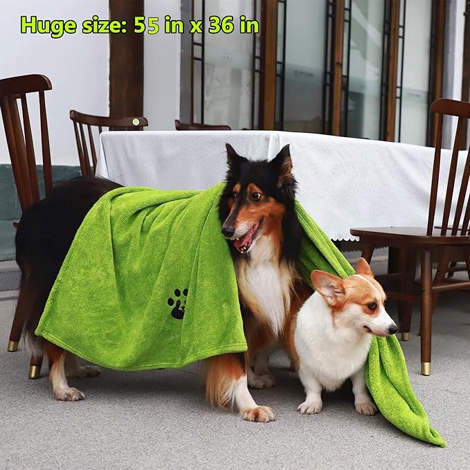Dogvingpk Extra Large Dog Towel - Pack of 3 - Super Absorbent Soft Microfiber Pet Bath Grooming Towels for Drying Dogs and Other Pets (XL-55" * 36", Green and Brown and Gray)