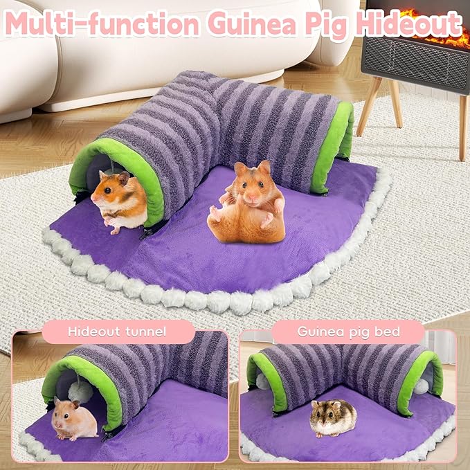 PINVNBY Guinea Pig Hideout Tunnel Bed Washable & Removable Rabbit Tubes Cozy Small Animal Tunnel Toys Guinea Pig Accessories for Hamster Hedgehog Chinchilla Ferret (Purple)