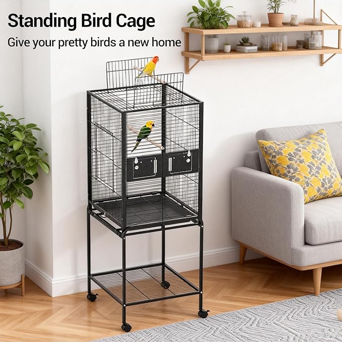 63 Inch Bird Cage with Wooden Perches, Standing Wrought Iron Birdcage Large Parrot Flight Bird Cage with Rolling Stand Birdcages for Cockatiels African Grey Quaker Lovebird Canary Budgie Finch Black