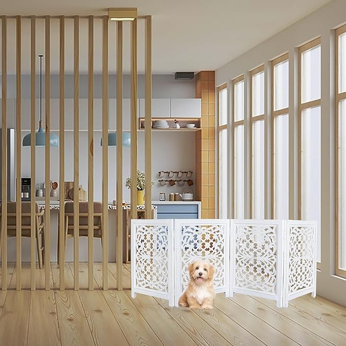 Lightnpro Foldable Carved Wooden Dog Gate with Stopper - Freestanding Indoor Pet Barrier for Home, Adjustable Dog Fence for Stairs, Doorways & Hallways - 24x18 Inch (4 Panels) Antique White