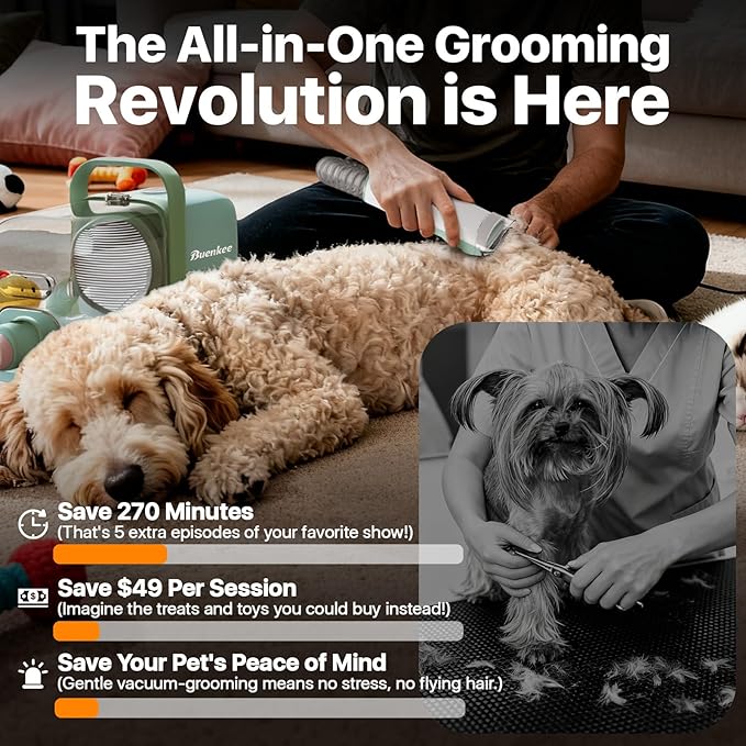 buenkee Dog Grooming Kit with Vacuum, 15000Pa Pet Hair Clipper and Shedding Brush, 50dB Low Noise, 2L Capacity, Green