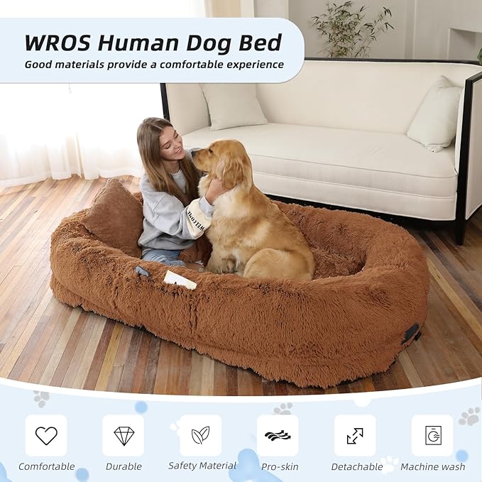 Human Dog Bed, 71''x45''x12'' Size Fits You and Pets, Washable Faux Fur Pet Bed for People Doze Off, Napping Orthopedic Dog Bed, Present Plump Pillow, Blanket, Strap - Brown