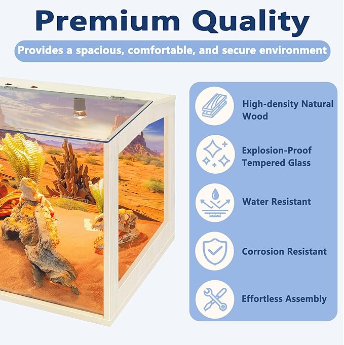PROLEE Bearded Dragon Tank, Lizard Tank with Clear Tempered Glass Roof, Anti-Scratch Reptile Enclosure, Reptile Tank Built-in Light Fixtures with Switch (48X20X20inch,80 Gallons)