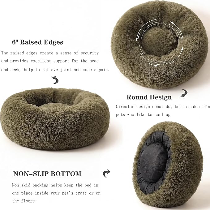 Calming Donut Dogs Beds for Small Dogs Washable,19inch Fluffy Round Puppy Bed for Puppies,Cats & Toy Breeds with Raised Rim,Fits up to 15 lbs Pets,Army Green