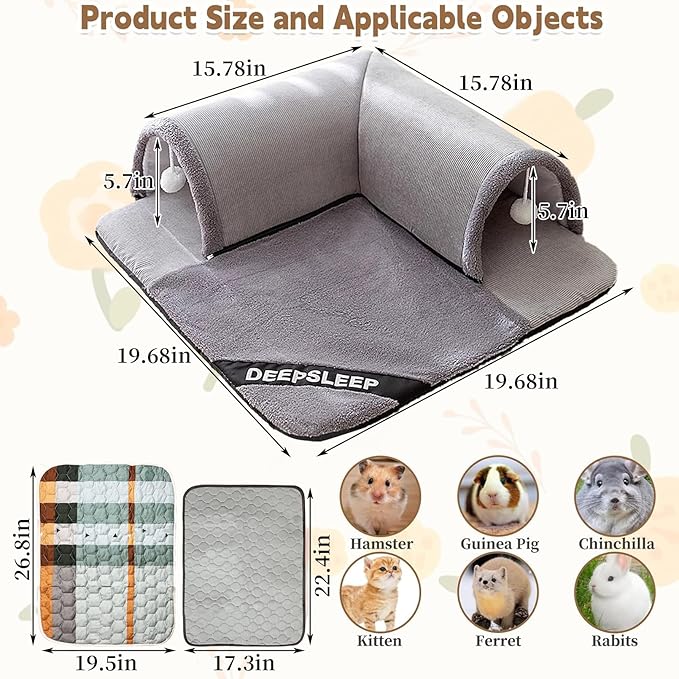 PINVNBY 3Pcs Guinea Pig Hideout Tunnel Tube with Removable Base & 2 Liners and Washable Soft Rabbit Bed & Small Animal Tunnel Tube Cage Accessories for Chinchillas, Hamsters, Ferrets, Bunny（Gray）