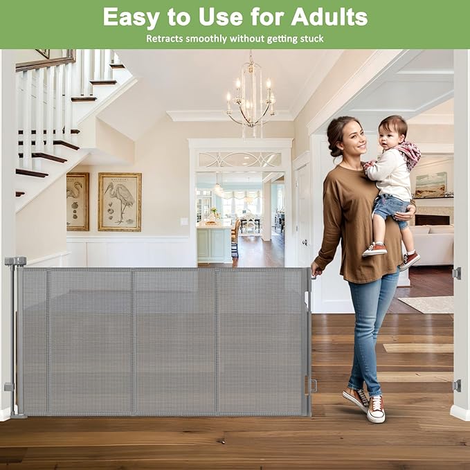 Reinforced 100” Extra Wide Baby Gate for Doorway, 33” Tall Retractable Dog Gate with Reinforced Strips, 8.33 Ft Wide Baby Gates for Large Openings, Anti-Scratch Retractable Pet Gates for Dogs, Gray