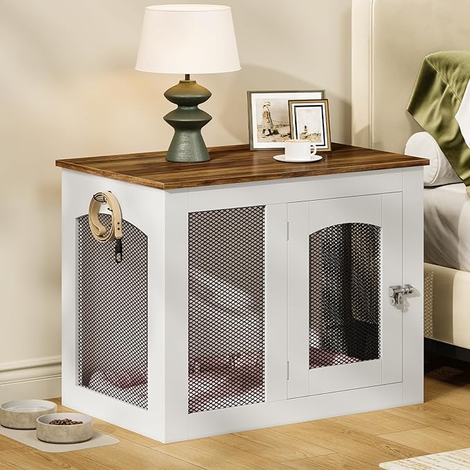 CHOEZON Wooden 30.1" Dog Crate Furniture, Farmhouse Pet Cage End Table with Secure Lock, Ventilated Mesh for Medium Dogs, Dog Kennel Furniture for Living Room, Bedroom, White and Walnut MGW02WL