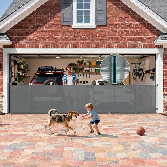 200'' Retractable Baby Gates Extra Wide, 42'' Extra Tall Retractable Dog Gate, 16 FT Grey Indoor/Outdoor Retractable Gate with Reinforcement Rods for Garage, Doorways, Stairs, Decks, Driveway, Patio