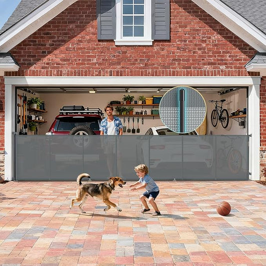 200'' Retractable Baby Gates Extra Wide, 42'' Extra Tall Retractable Dog Gate, 16 FT Grey Indoor/Outdoor Retractable Gate with Reinforcement Rods for Garage, Doorways, Stairs, Decks, Driveway, Patio