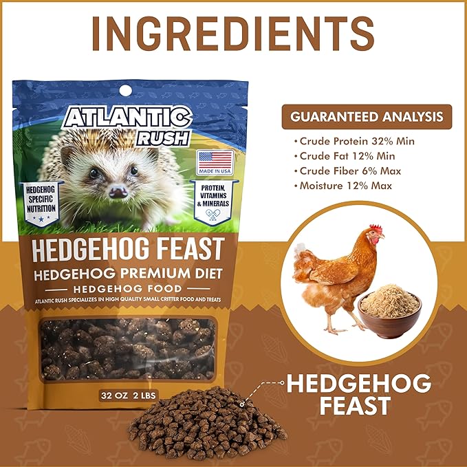 Atlantic Rush Hedgehog Feast Premium Food - Resealable Bag of Hedge Hog Delite- Small Critter Supplies Hedge Hog Food - Hedgehog Treats- Sourced & Made in The USA (2lb Hedgehog Feast)