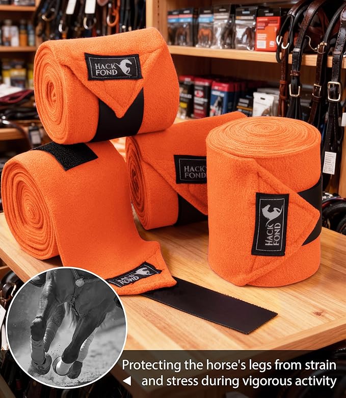 Fleece Horse Polo Leg Wraps Set of 4, 10' Horse Leg Bandages Stable Supplies Equestrian Boots Bright Orange