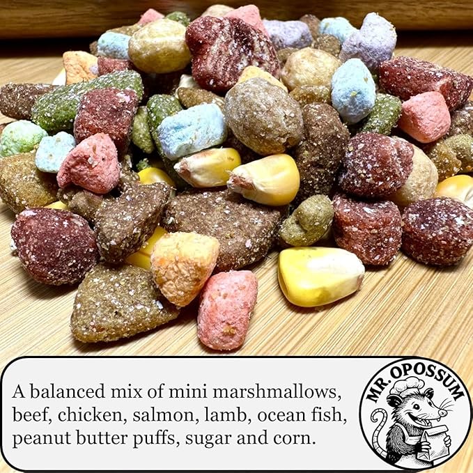 Midnight Munch™ Raccoon and Opossum Food Wildlife Treat Blend Multi Protein Backyard Wildlife Feeding Mix with Beef Lamb Chicken Salmon Corn Peanut Butter Puffs & Marshmallows (9 lb Pail)