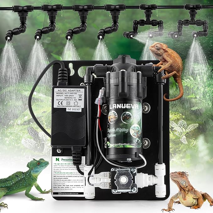 LANUEVA Reptile Humidifier, Quieter Mister Fogger for Terrarium with 4 Single Misting Nozzle + 2 Double Misting Nozzle, Reptile Mister Spray System for Reptile, Chameleon, Lizard, Snake, Frog