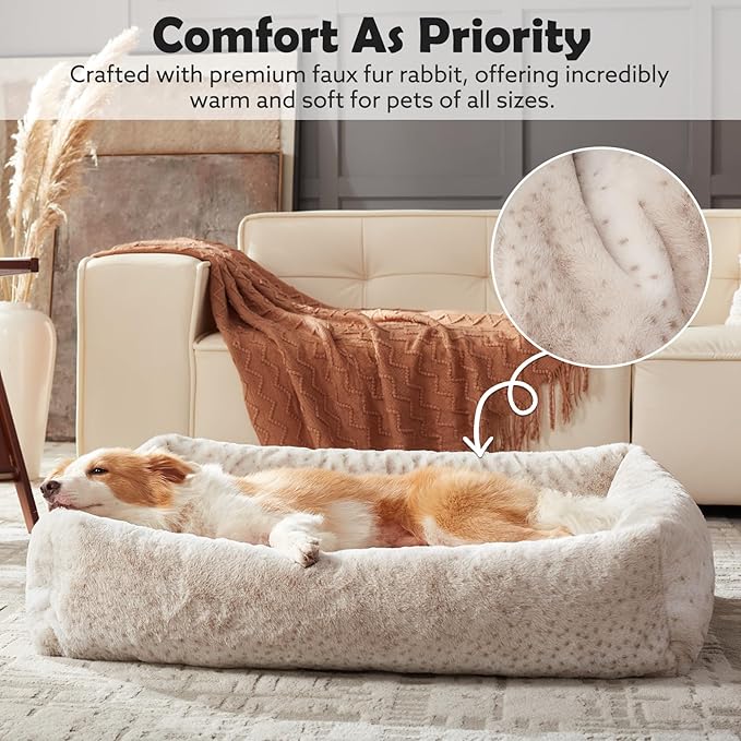 JOEJOY Large Dog Beds Large Sized Dog, Removable Washable Cover Orthopedic Soft Faux Rabbit Fur Pet Bed, Anti-Slip Fluffy Plush Faux Rabbit Fur Puppy Bed, 36"x27"x8", Leopard Print, Beige