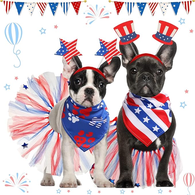 Silkfly 6 Pieces 4th of July Dog Costume Accessories Includes 4th of July Dog Bandanas Puppy Tulle Tutu and Dog Patriotic Headbands for Dogs Independence Day Fourth Apparel Accessories