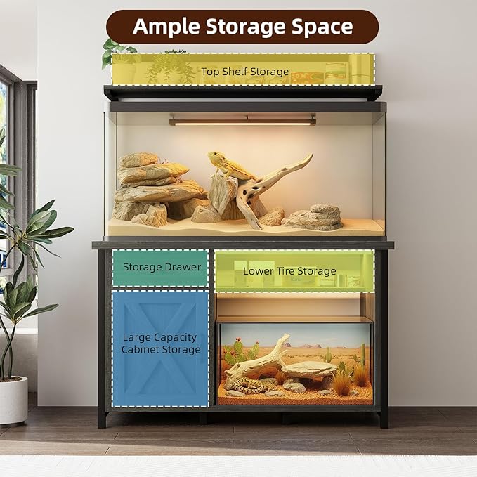 Reptile Tank Stand with Power Outlet, Terrarium Stand with Storage Cabinet, 49" X 20" Tabletop, Aquarium Stand with LED Lights, Reptile Terrarium,Turtle Tank (Gray)