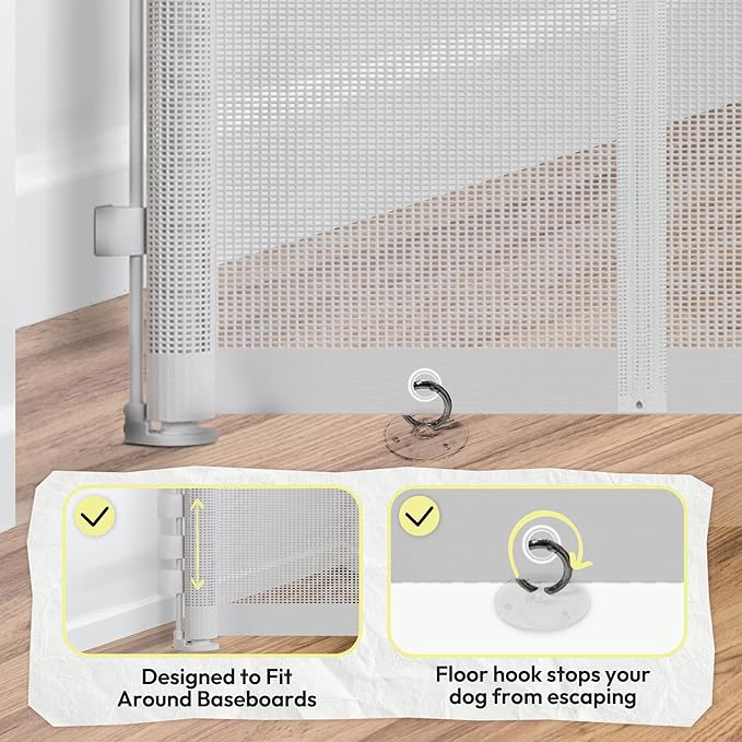 34" H Tall Mesh Dog Gate Extends Up to 150" W Retractable Pet Gate with Drill Installation, Preventing Crawling Through for Stairs, Doorways, Indoor & Outdoor (White)