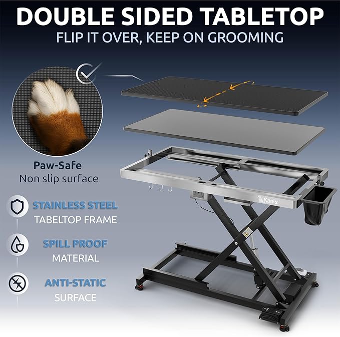 KANIS Professional Electric Dog Grooming Table - Heavy Duty, Height Adjustable Pet Grooming Table w/Leveling Wheels, Grooming Arm, Anti-Slip Tabletop & Tool Organizer/Dog Grooming Station (Black, 49")