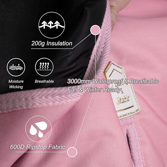 BARN & STABLE 600Denier 3000mm/3000mvp Super Waterproof & Breathable Horse Blankets for Winter with 200g Fill