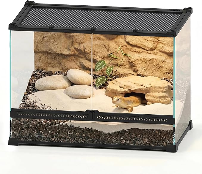 14 Gallon 20"x12"x14" Professional Glass Terrarium, Dual Front Doors with Feeding Slot & Heat-Resistant Aluminum Frame, for Juvenile Reptiles Like Sandfish Skinks, Hognose Snakes & Frogs.