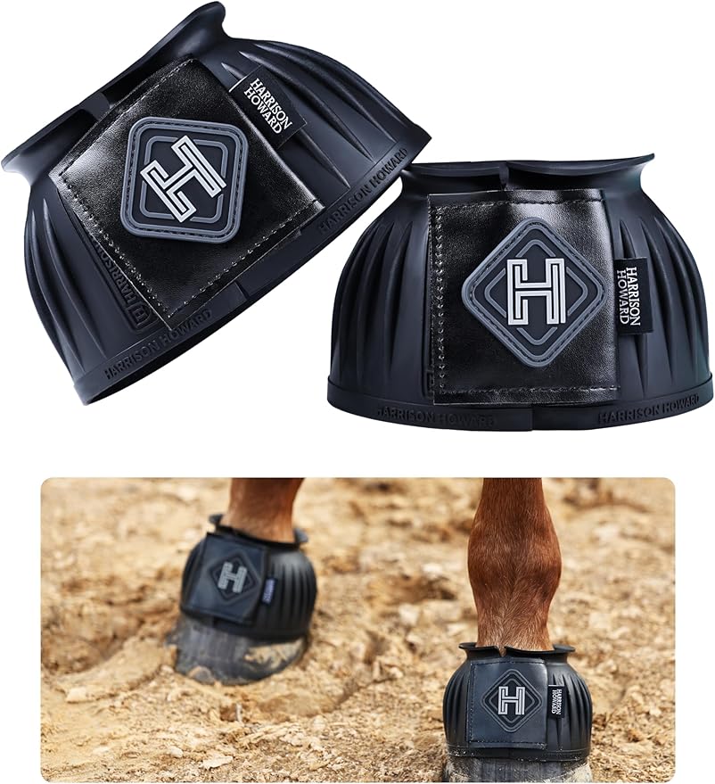 Harrison Howard Rubber Pull-on Bell Boots with Fleece Lining and Touch-Close Tapes Hoof Overreach Protection for Horses