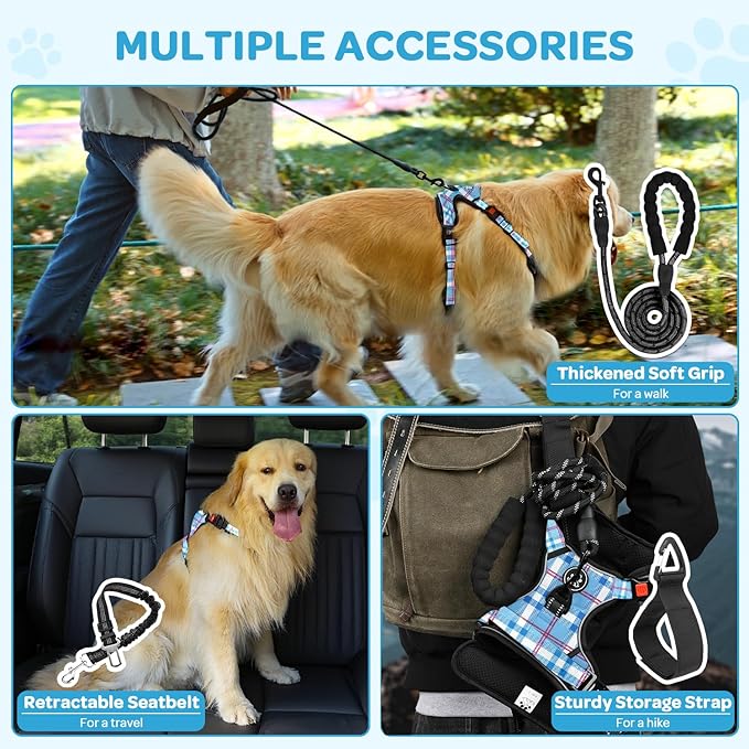 FURRYFECTION Plaid Dog Harness for Medium Dogs, Reflective No Pull Adjustable Pet Vest with Front Clip, Leash, Easy Control Handle and Seat Belt, Blue&White, M