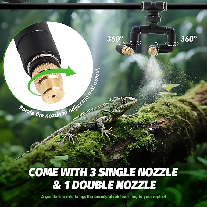 LANUEVA Timing Reptile Smart Mister, Terrarium Misting System with 3 Single Nozzles 360°Adjustable + 1 Double Nozzle, Reptile Fogger Humidifier for Lizard, Chameleon, Plants, Amphibian, Vivarium, Tank