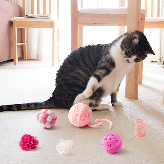 MALLMALL6 10Pcs Cat Toy Set Interactive Cat Toys Pack Including Feather Teaser Wand Cat Springs Mice Crinkle Balls and Pet Bell Balls, Puzzle Toys for Indoor Cats Gift (Pink) - Image 5
