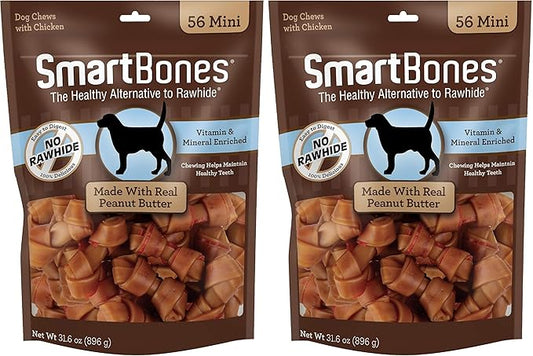 SmartBones Mini Bones with Real Peanut Butter, Rawhide-Free Chews for Dogs 56 Count (Pack of 2)