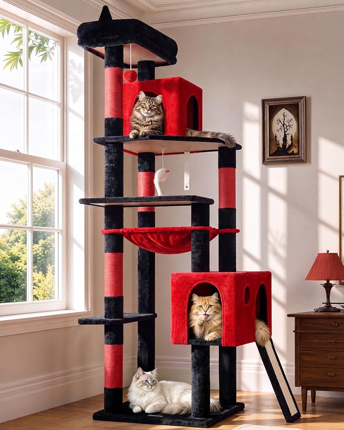 Globlazer Gothic Heavy Duty Cat Tree, 70in Tall Sturdy Goth Cat Tree for Indoor Cats Extra Large Cat Tower with Scratching Post, Cat Condos for Adult Cats Kittens, Hammock, Perch, F70 Pro, Red Black by Globlazer