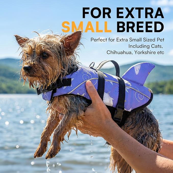 Queenmore Dog Life Jacket XS, Extra Small Dog Life Vest for Swimming Boating, Lightweight Dog Shark Life Jacket with Rescue Handle/Leash Hook/Reflective Strips