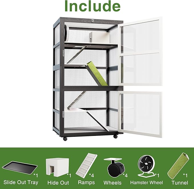 5-Tiers Small Animal Critter Cage Large Ferret Cage 55''H Chinchilla Cage with Easy-Clean Removable Tray, Hamster Wheel, Tunnel, House, Ramp & Cover, Lockable Wheels, for Indoor & Outdoor