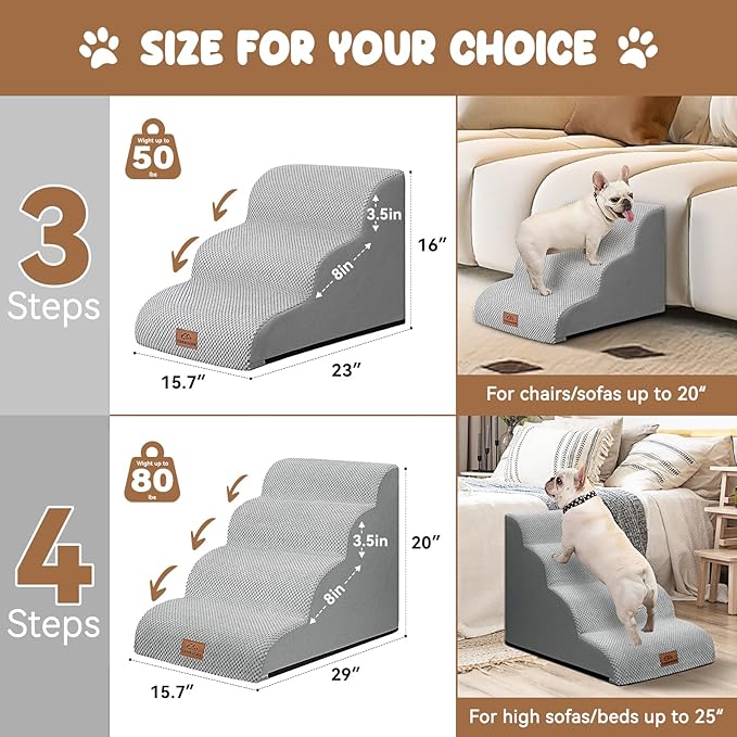 Zerbuger Dog Ramp and Stair for Bed 16" H-20 H,3-Step Cat Stair for Sofa and Chair,4-Step Dog Ramp for High Bed and Window,Durable Nonslip Fabric Cover for Indoor (Light Grey-20 H, Pet Friendly, 4)