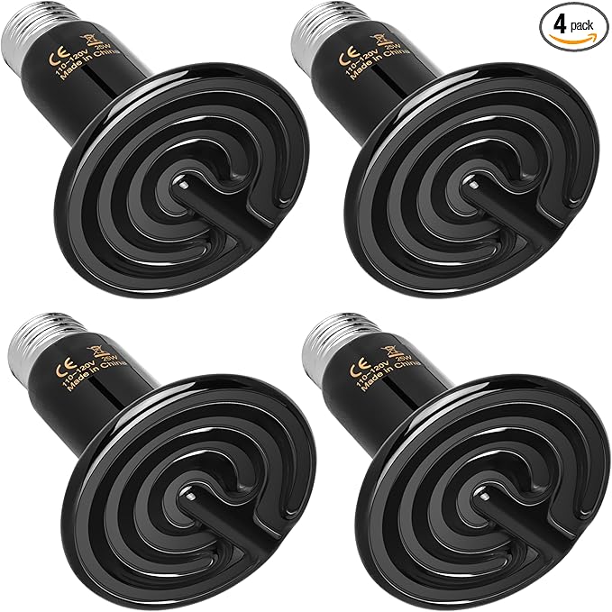 HealSmart 25W Reptile Heat Lamp Ceramic Heat Emitter, No Light Emitting Heat Bulbs, Suitable for Snake/Lizard/Spider, Plant Growth and Incubating Chicken, 4-Pack