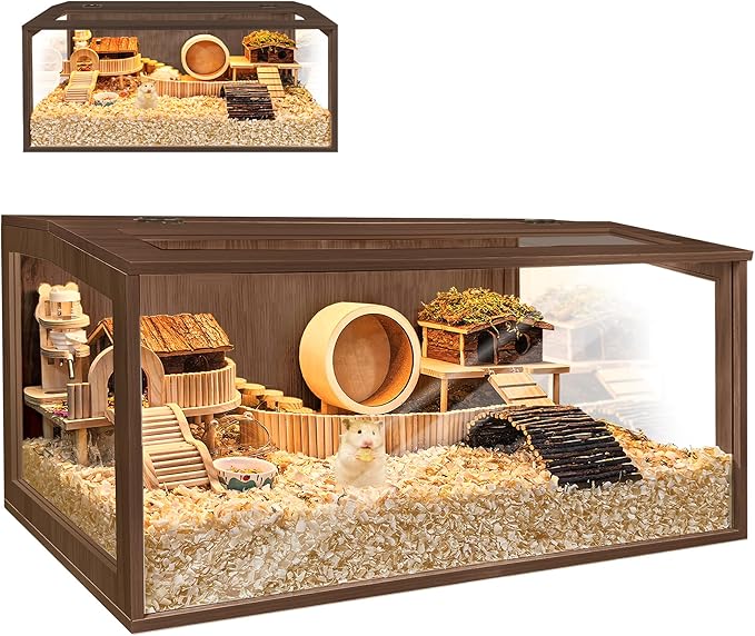 PROLEE Hamster Cage with Chewproof Wood Top, Guinea Pig Cages, Hamster Habitat with Clear Acrylic Sheets Solid Built, Small Animal Cage (Walnut, 48X19.5X19.5 inch)