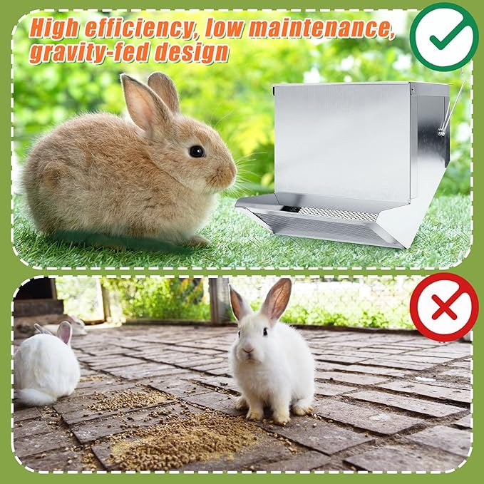 Maxcheck 2 Pcs Rabbit Feeder for Cages Small Animal Food Pellet Dispenser with Lid Metal Chicken Grit Oyster Shell Squirrel Feeders Outside(7.7 Inches,Mesh Bottom,Silver)