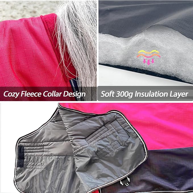 300g1200D Winter Waterproof and Breathable Horse Blanket Warm Turnout Blankets with Reflective Strips Design (Red/Blue, 81'')