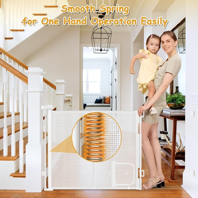 Reinforced 60” Wide Retractable Pet Gate with Cat Door Mesh Baby Gate for Stairs with Reinforced Strips Retractable Dog Gates with Cat Door Mesh Dog Gates for Doorways Separating Dogs from Cats, White