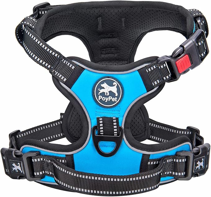 PoyPet No Pull Dog Harness, No Choke Front Lead Dog Reflective Harness, Adjustable Soft Padded Pet Vest with Easy Control Handle for Small to Large Dogs(Blue,S)