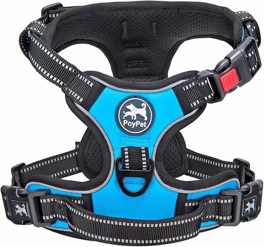 PoyPet No Pull Dog Harness, No Choke Front Lead Dog Reflective Harness, Adjustable Soft Padded Pet Vest with Easy Control Handle for Small to Large Dogs(Blue,S)