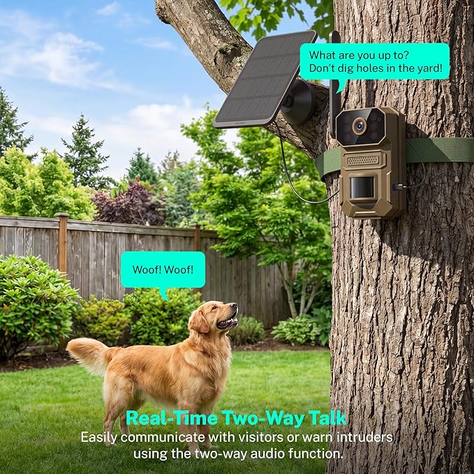 4G LTE Cellular Trail Camera with Solar Panel, 1080p Full HD Pet Cameras, Motion Detection, Live View, Night Vision, Two-Way Talk, IP65, Built-in SIM Card, Unlimited Plan (Sold Separately)