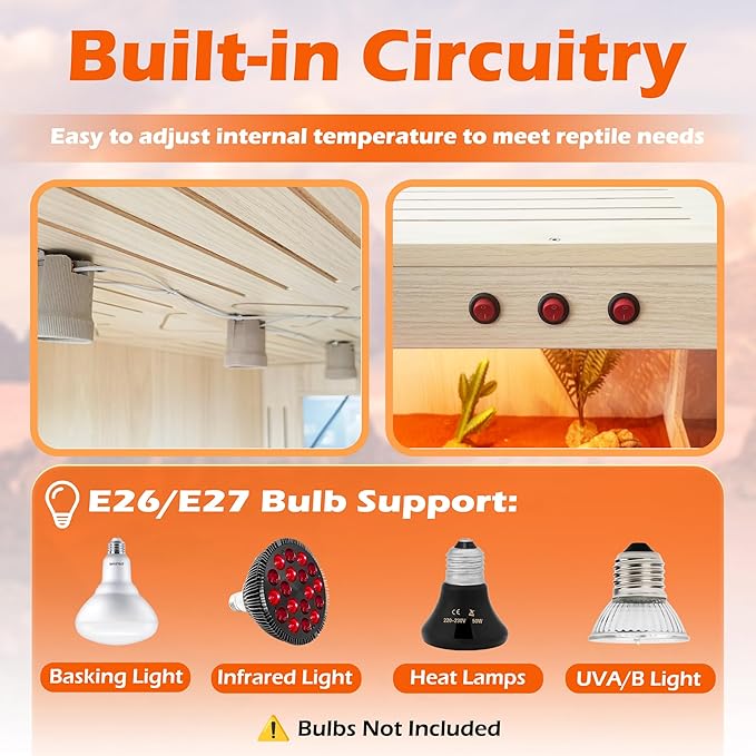 ROYXEN Reptile Tank, 81 Gallons Reptile Enclosure with Lockable Design, Tempered Glass Bearded Dragon Tank for Lizard Habitat, Soild Wood Built-in Sockets (Oak, 47.5"x19.5"x19.5")