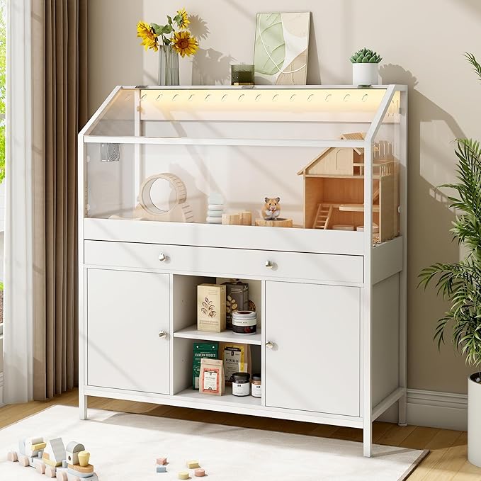 Pipleo Hamster Cage with Storage Cabinet, 43.3" Small Animal Cage with LED Lights and Fan, Easy View Acrylic Panel, Large Habitat for Guinea Pig, Ferret, Rat, Hedgehog