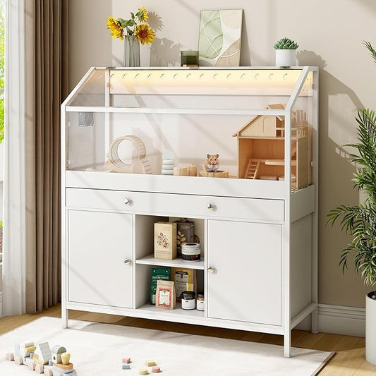 Pipleo Hamster Cage with Storage Cabinet, 43.3" Small Animal Cage with LED Lights and Fan, Easy View Acrylic Panel, Large Habitat for Guinea Pig, Ferret, Rat, Hedgehog